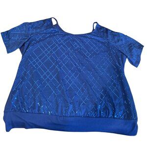 Womens Free 2 Luv Royal Blue Sequin Cold Shoulder Shirt Blouse Top 3X USA Party